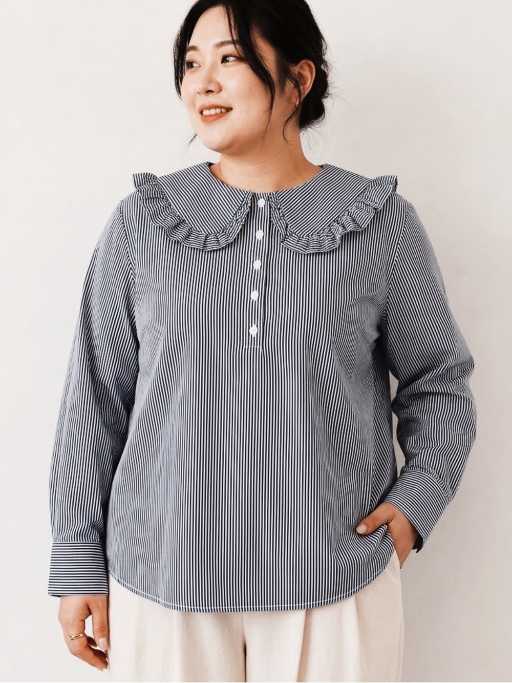 J. Crew Striped Ruffle Collar Button Front Shirt Size 18 Lightweight Work Office